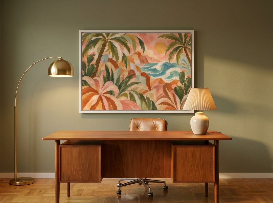 Canvas wall art with a white surround styled on the wall in a mid-century home office