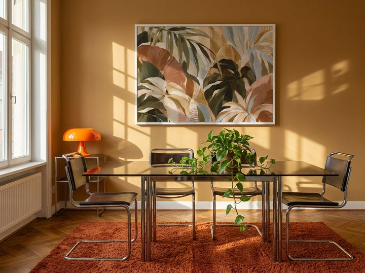 Modern wall art print styled on the wall in a retro 70s dining room
