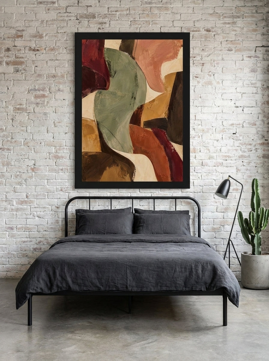 Modern wall art print styled on the wall in an industrial loft bedroom