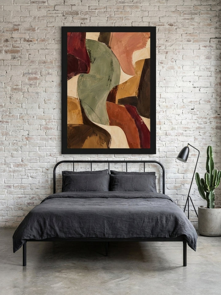 Modern wall art print styled on the wall in an industrial loft bedroom