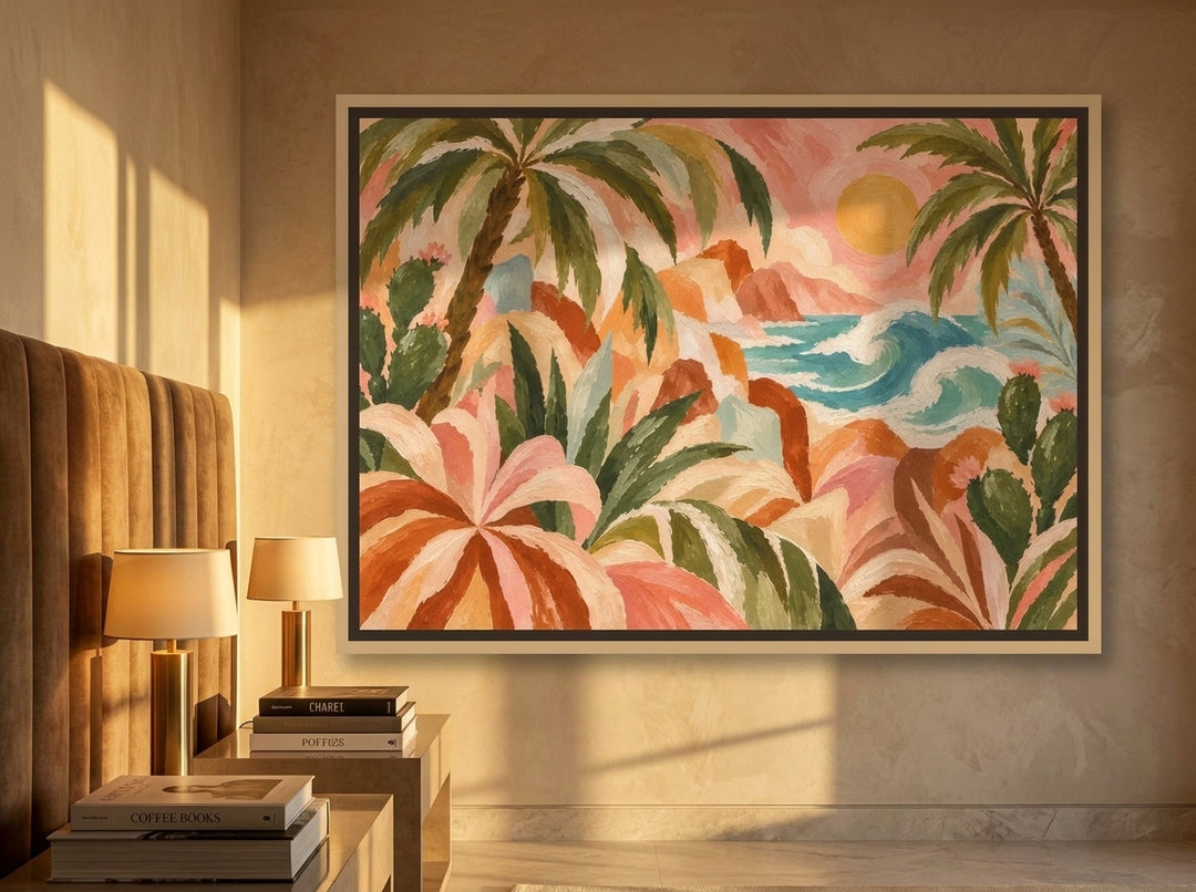 Canvas wall art with a natural timber surround styled on the wall in a luxe bedroom