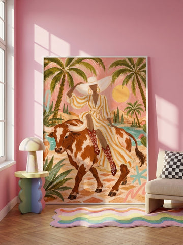 Oversized statement modern wall art print leaning against the wall in a colourful eclectic bedroom
