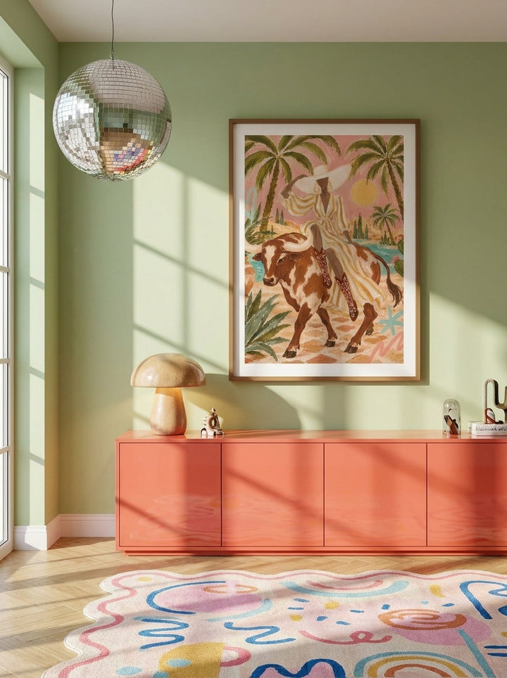 Modern wall art print styled on the wall in a colourful eclectic living room