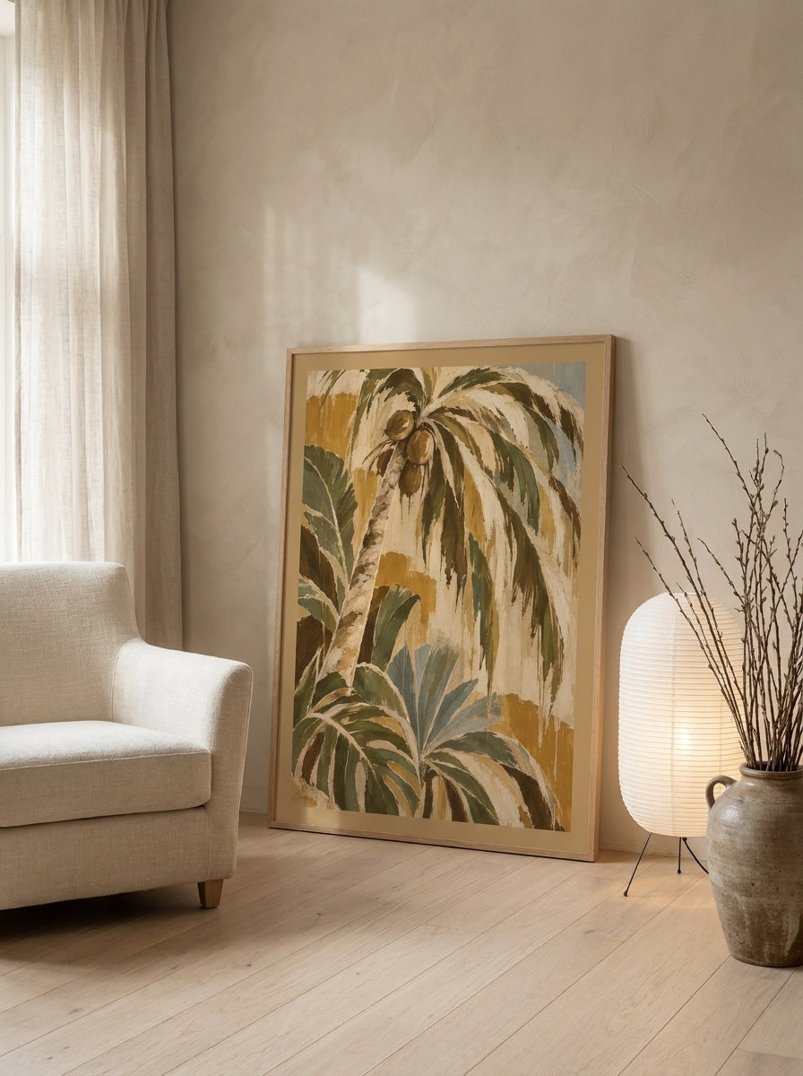 Modern wall art print leaning against the wall in a warm Japandi dining room