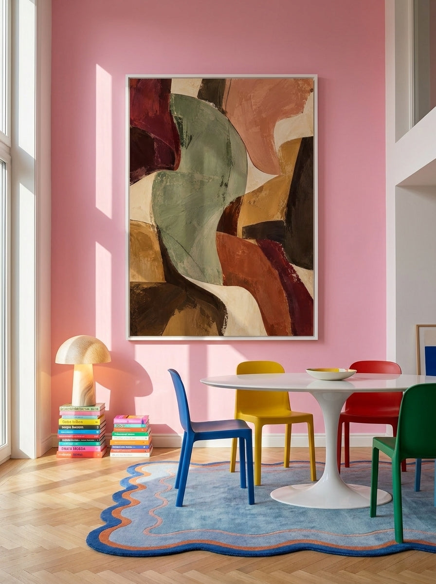 Oversized statement modern wall art print styled on the wall in a colourful eclectic dining room