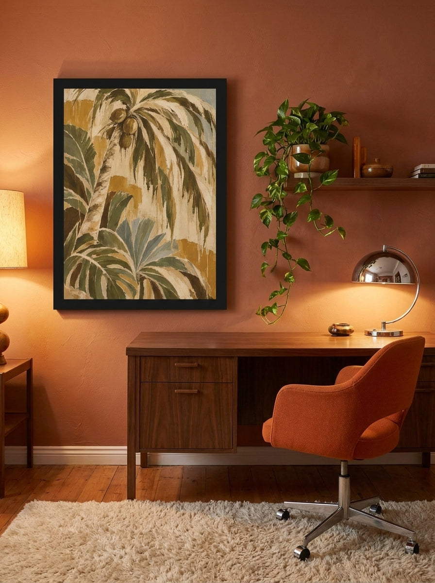 Modern wall art print styled on the wall in a retro 70s home office