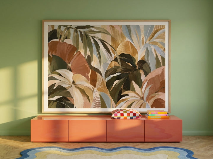 Modern wall art print styled on the wall in a colourful eclectic living room