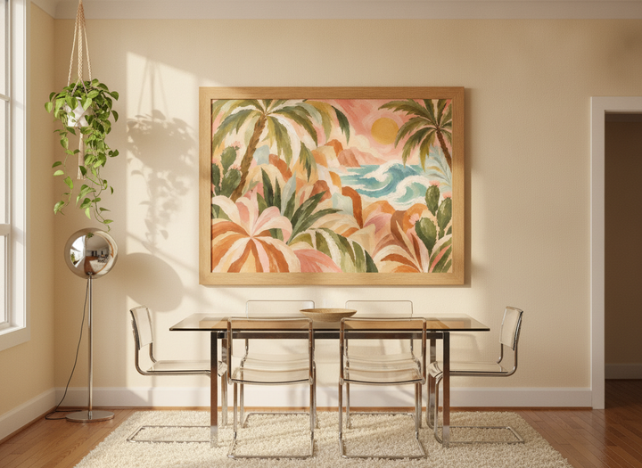Oversized statement modern wall art print styled on the wall in a retro 70s dining room