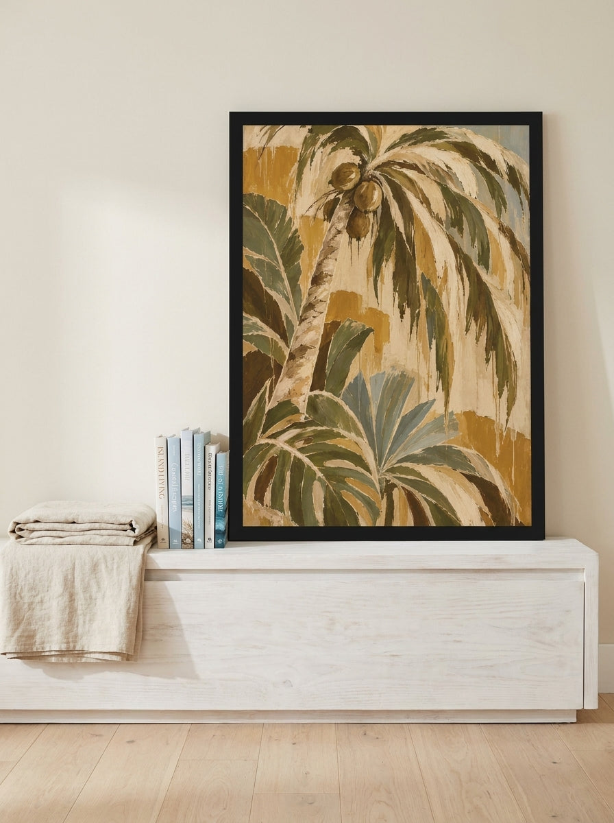 Modern wall art print standing on a console in a coastal bedroom