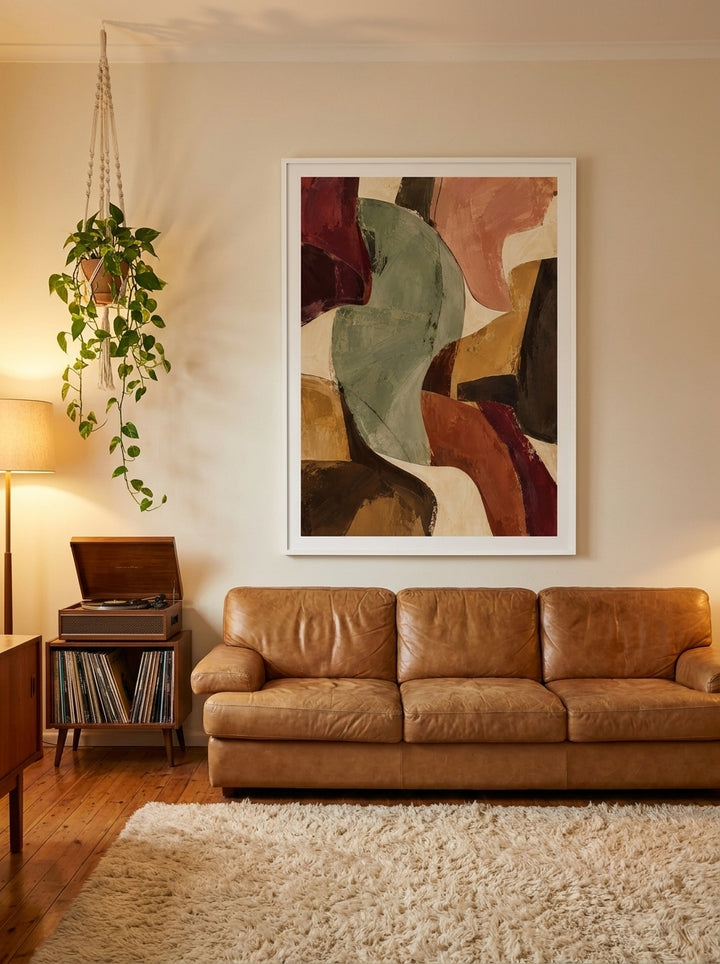 Oversized statement modern wall art print styled on the wall in a retro 70s living room