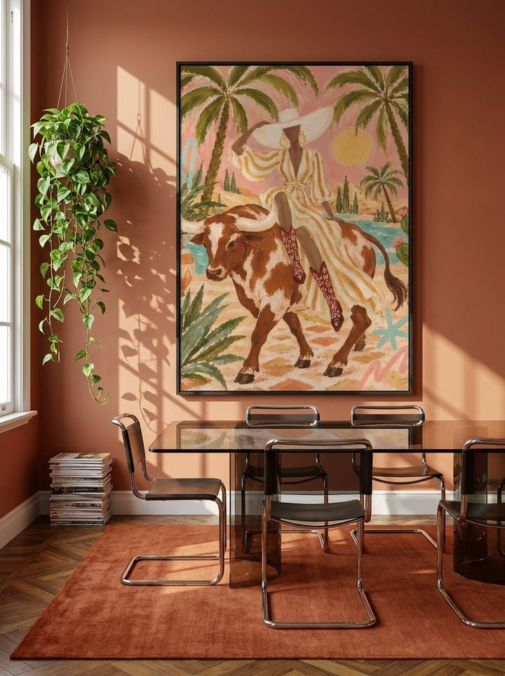 Oversized statement modern wall art print styled on the wall in a retro 70s dining room