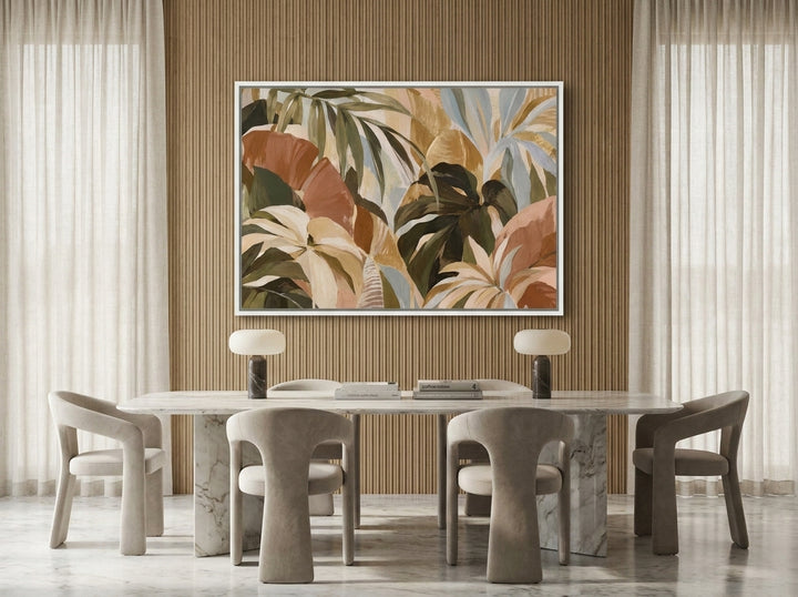 Canvas wall art with a white surround styled on the wall in a luxe dining room