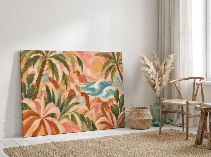 Stretched canvas wall art leaning against the wall in a coastal dining room