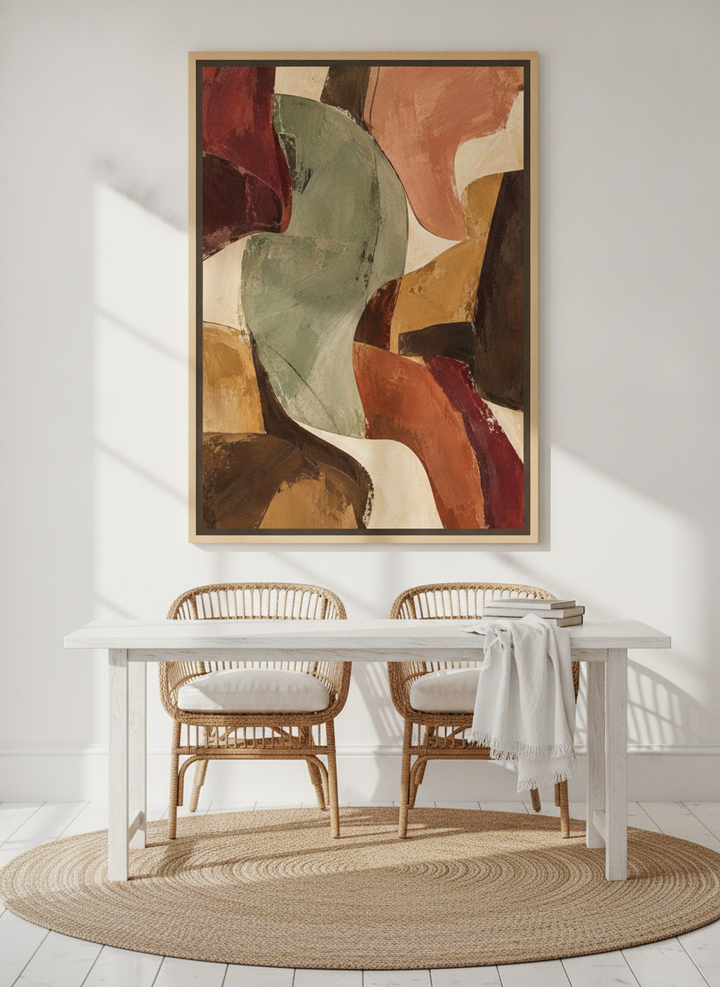 Oversized statement canvas wall art with a natural timber surround styled on the wall in a coastal dining room