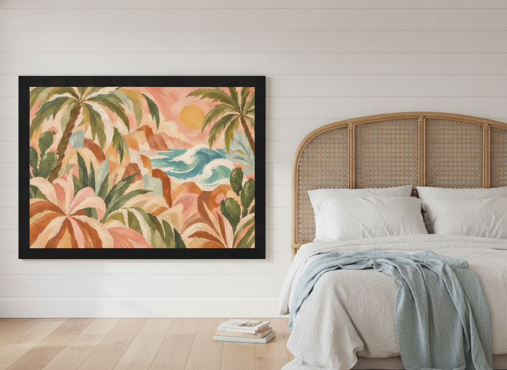 Oversized statement modern wall art print styled on the wall in a coastal bedroom