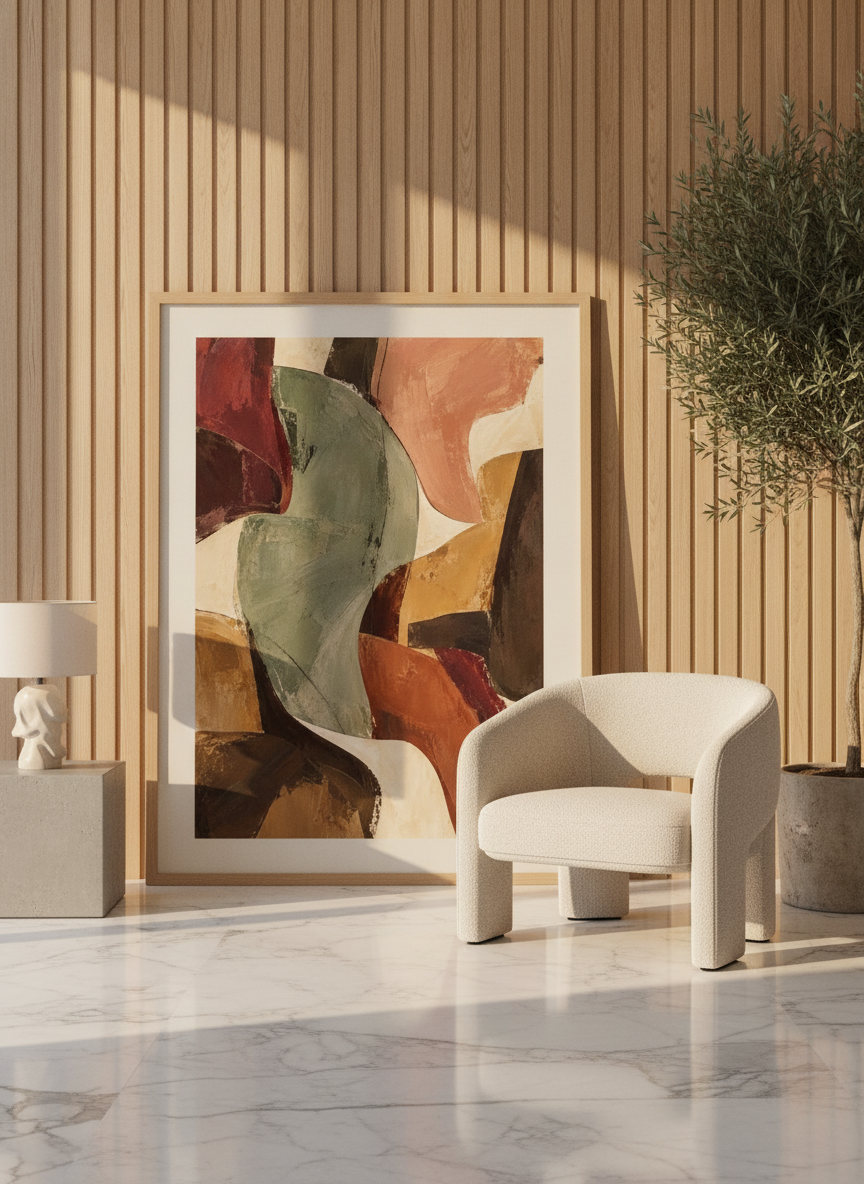 Modern wall art print leaning against the wall in a luxe living room