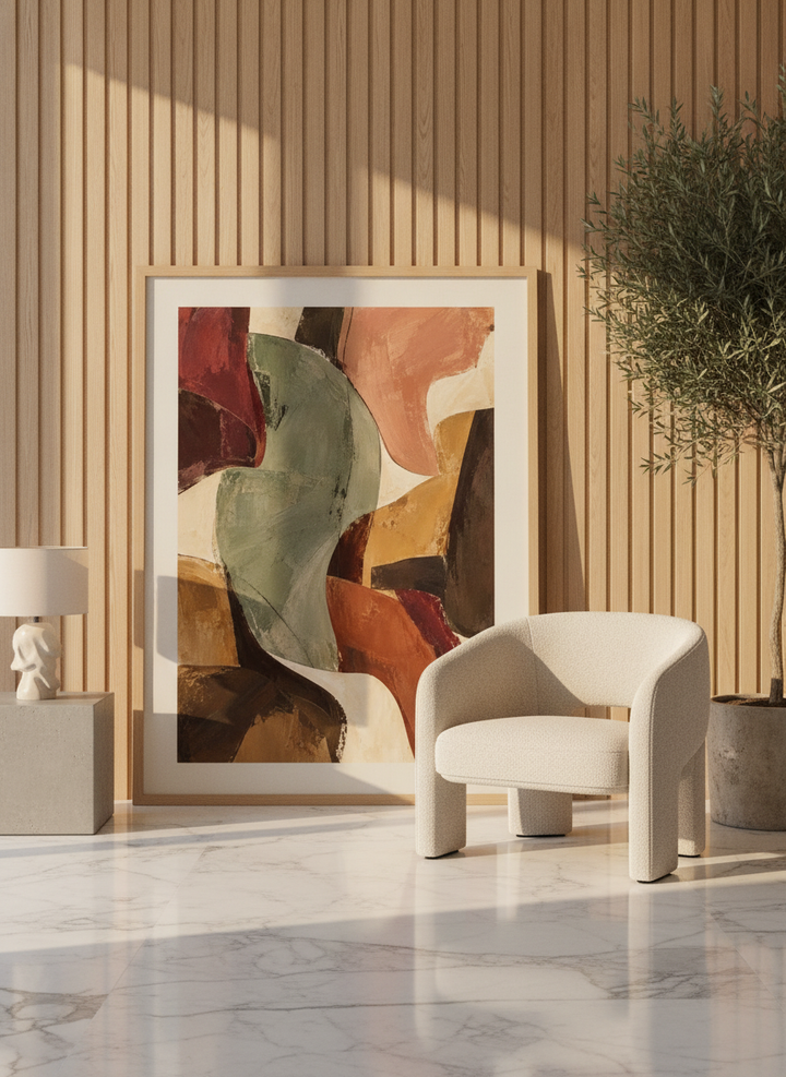 Modern wall art print leaning against the wall in a luxe living room