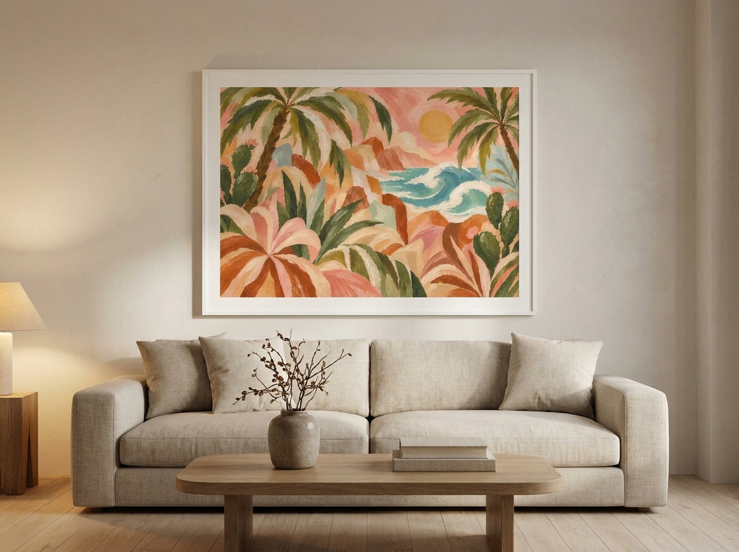 Modern wall art print styled on the wall in a warm Japandi living room