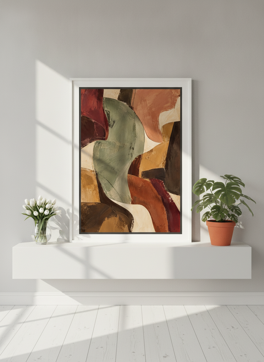 Canvas wall art with a white surround standing on a shelf in a bright Scandinavian bedroom
