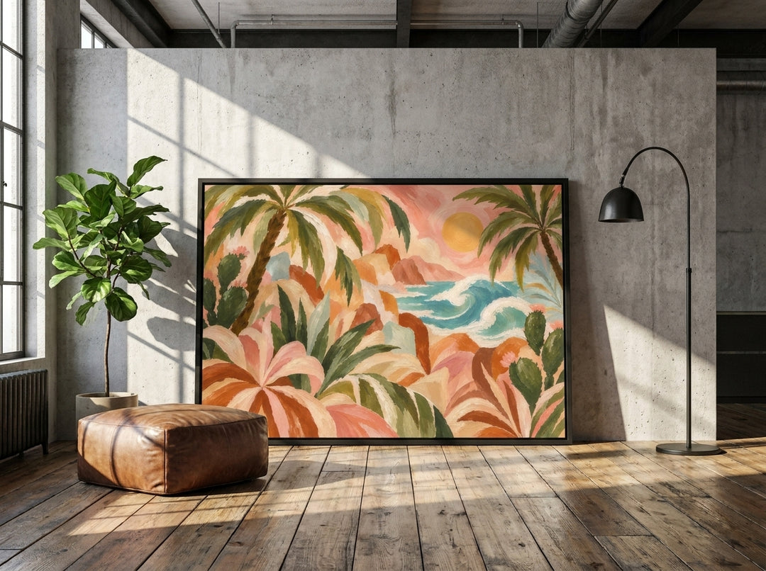 Oversized statement canvas wall art with a black surround leaning against the wall in an industrial loft dining room