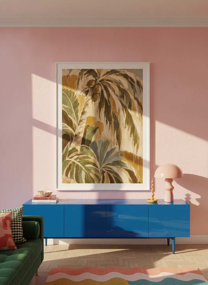 Oversized statement modern wall art print styled on the wall in a colourful eclectic living room