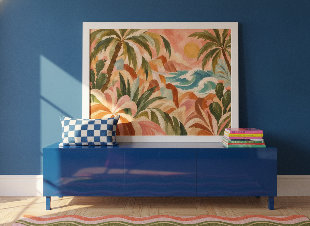 Modern wall art print standing on a sideboard in a colourful eclectic bedroom