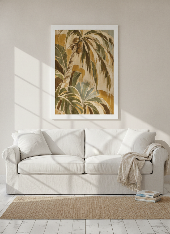 Oversized statement modern wall art print styled on the wall in a coastal living room