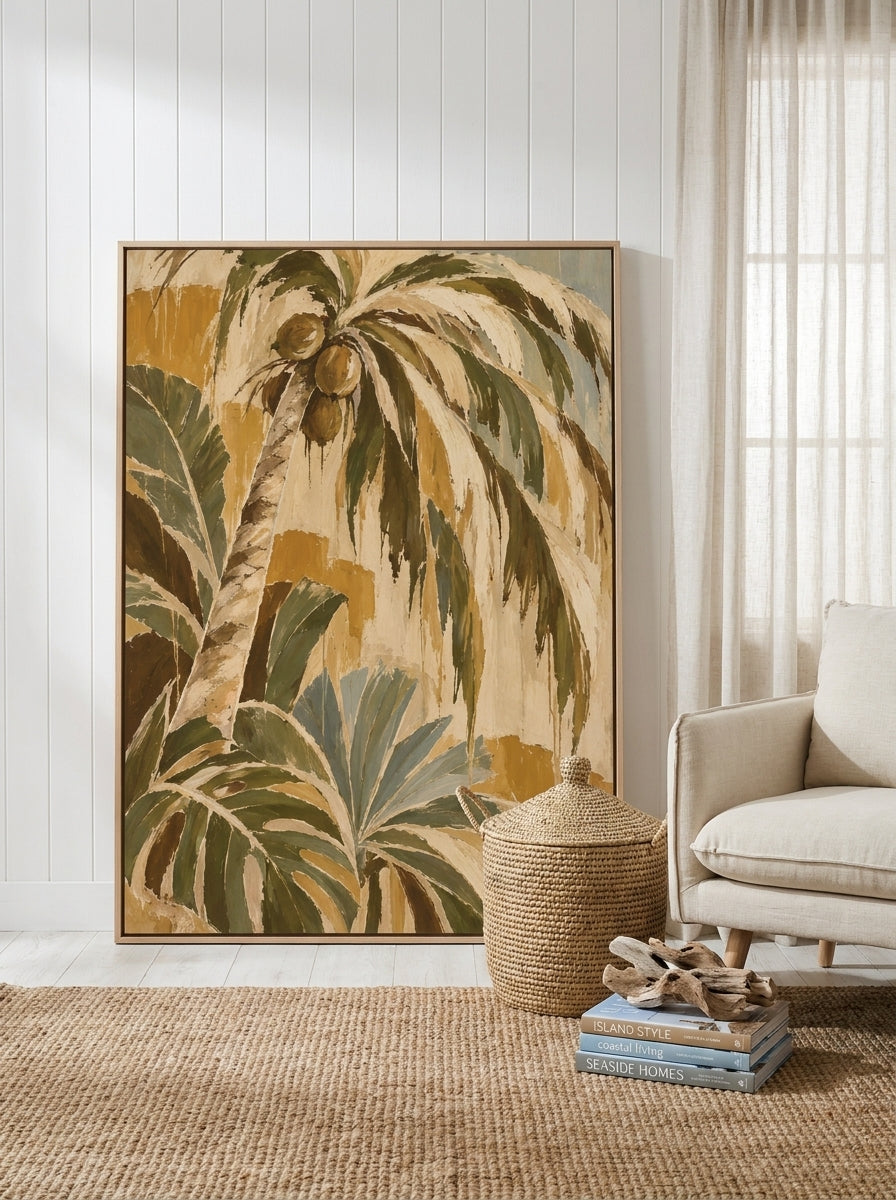 Oversized statement canvas wall art with a natural timber surround leaning against the wall in a coastal living room