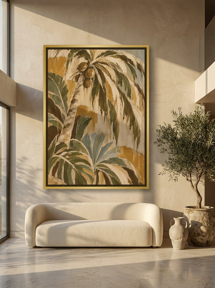 Oversized statement canvas wall art with a gold leaf surround styled on the wall in a luxe living room