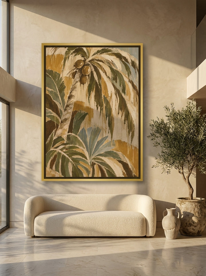 Oversized statement canvas wall art with a gold leaf surround styled on the wall in a luxe living room
