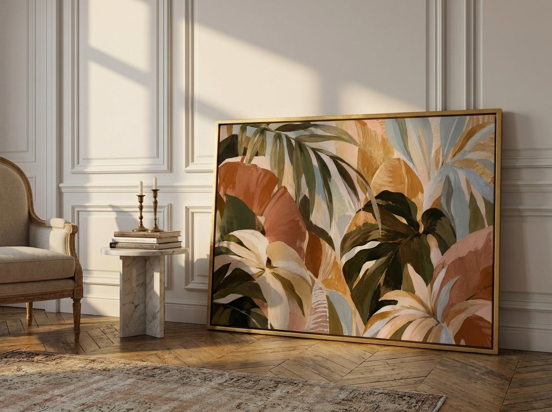 Oversized statement canvas wall art with a gold leaf surround leaning against the wall in a Parisian bedroom