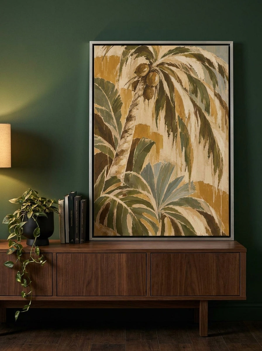 Canvas wall art with a silver leaf surround standing on a sideboard in a moody bedroom