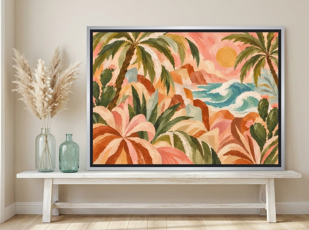 Canvas wall art with a silver leaf surround standing on a console in a coastal living room