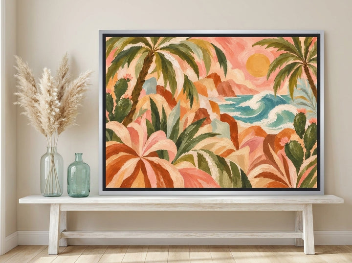Canvas wall art with a silver leaf surround standing on a console in a coastal living room
