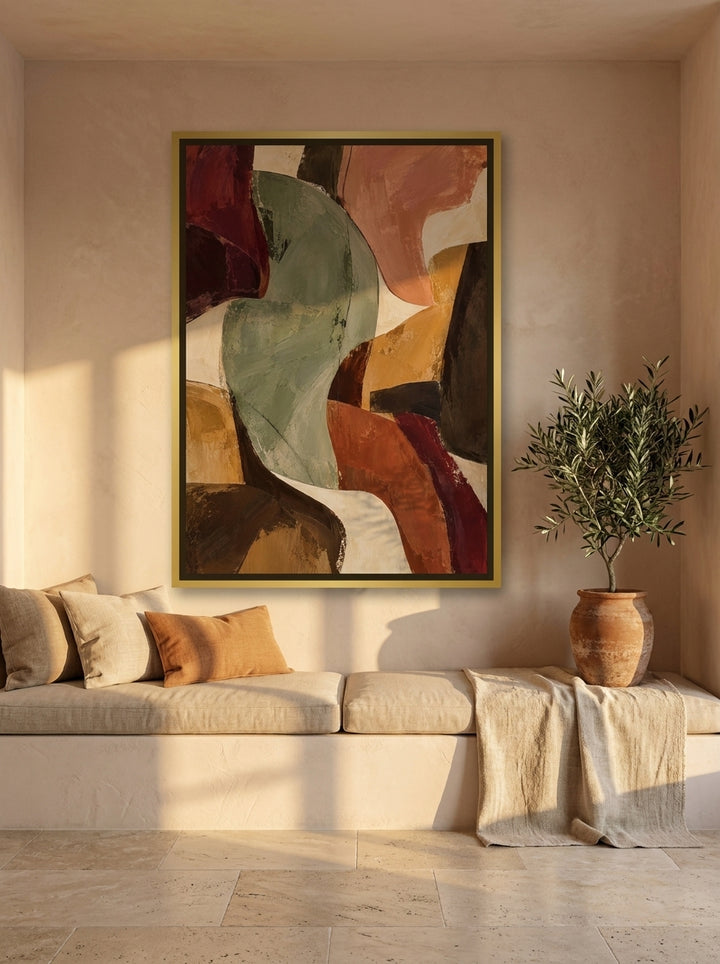 Oversized statement canvas wall art with a gold leaf surround styled on the wall in a Mediterranean living room