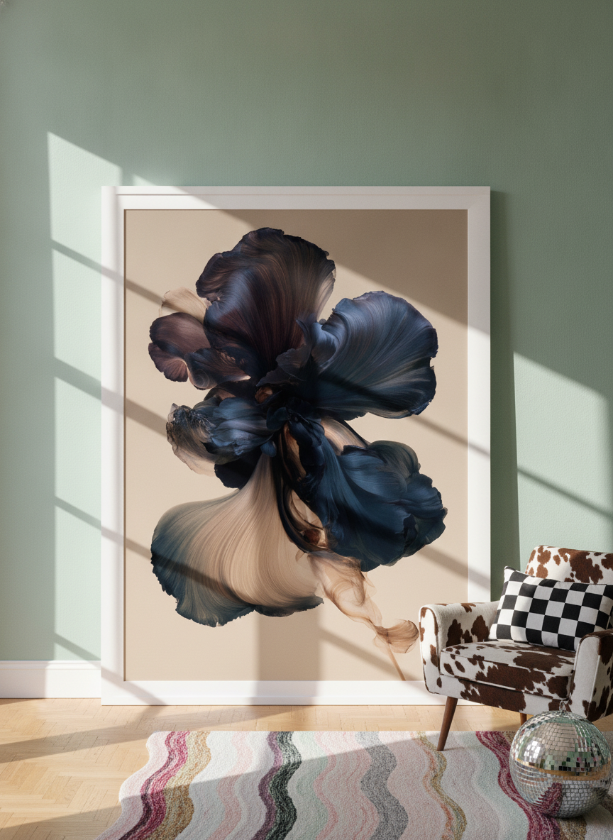 Oversized statement modern wall art print leaning against the wall in a colourful eclectic living room