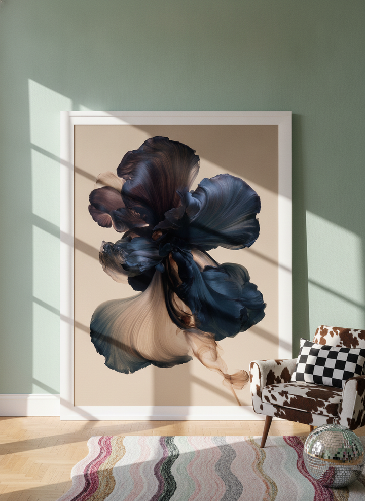 Oversized statement modern wall art print leaning against the wall in a colourful eclectic living room