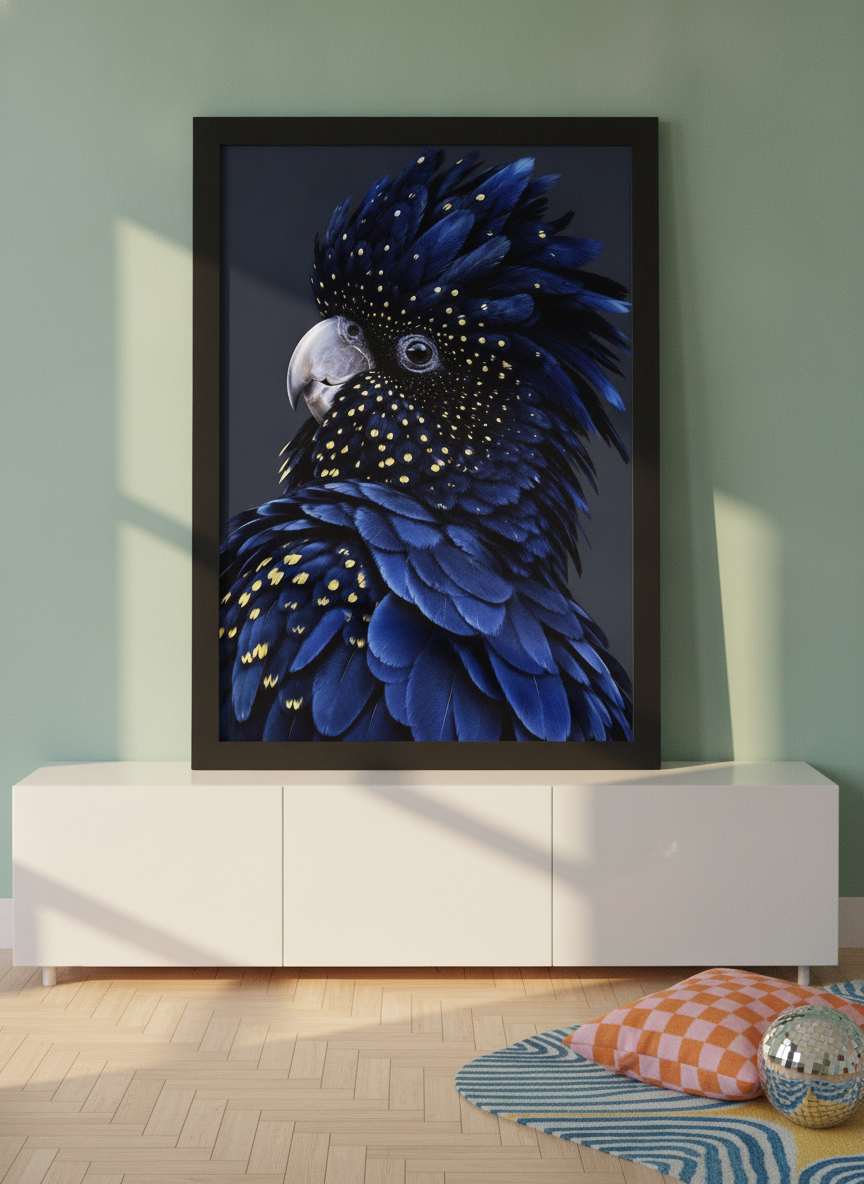 Modern wall art print standing on a sideboard in a colourful eclectic living room