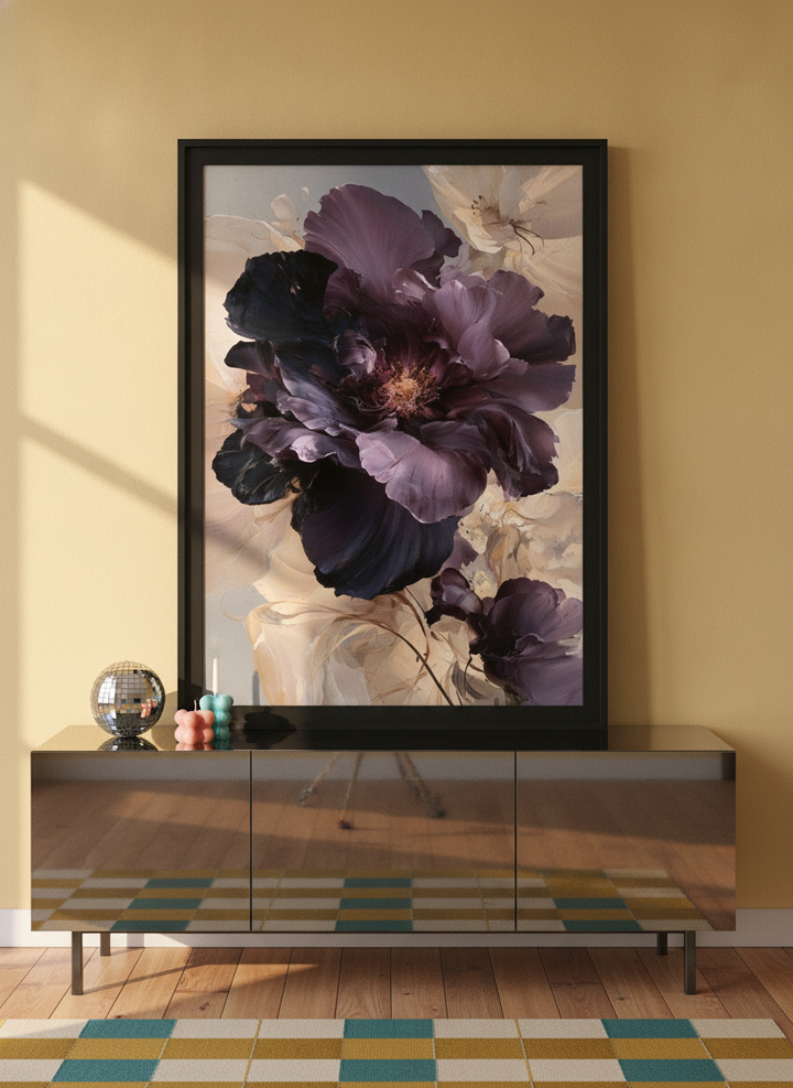 Modern wall art print standing on a sideboard in a colourful eclectic home office