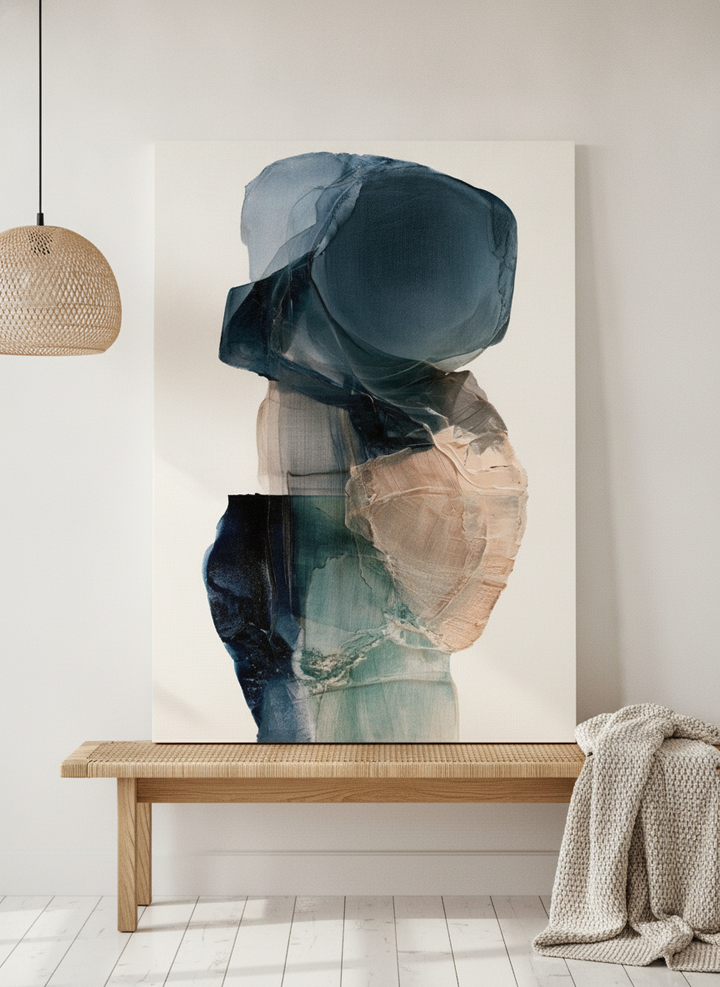 Stretched canvas wall art standing on a bench in a bright Scandinavian home office
