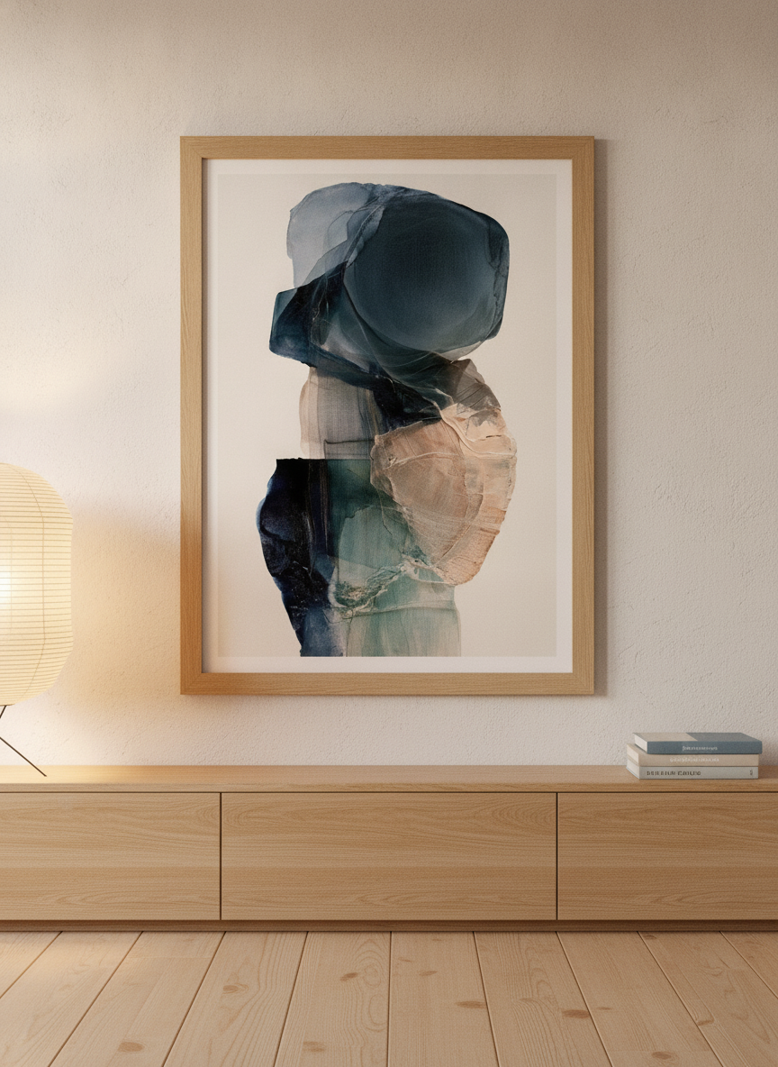 Modern wall art print styled on the wall in a warm Japandi living room