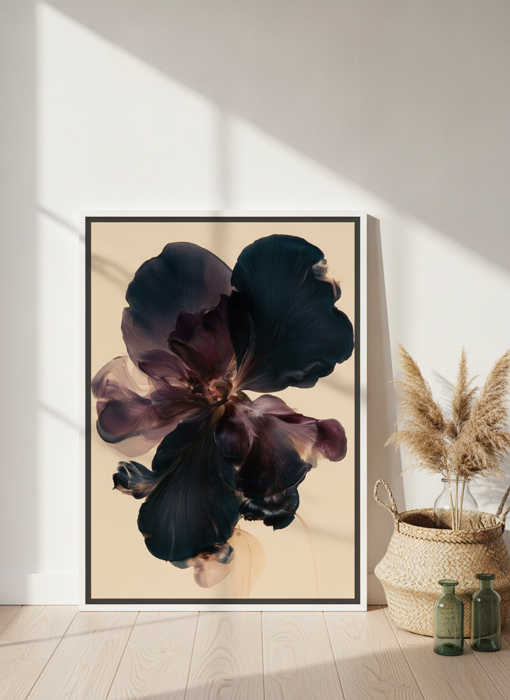 Canvas wall art with a white surround leaning against the wall in a coastal home office
