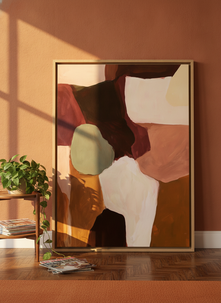 Oversized statement modern wall art print leaning against the wall in a retro 70s dining room