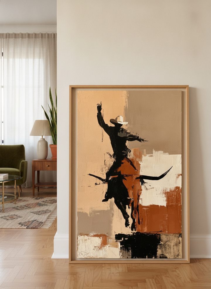 Modern wall art print leaning against the wall in a mid-century living room