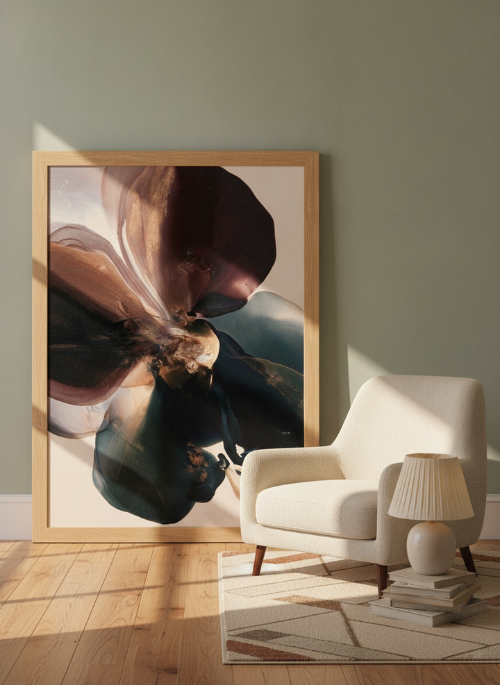 Modern wall art print leaning against the wall in a mid-century dining room