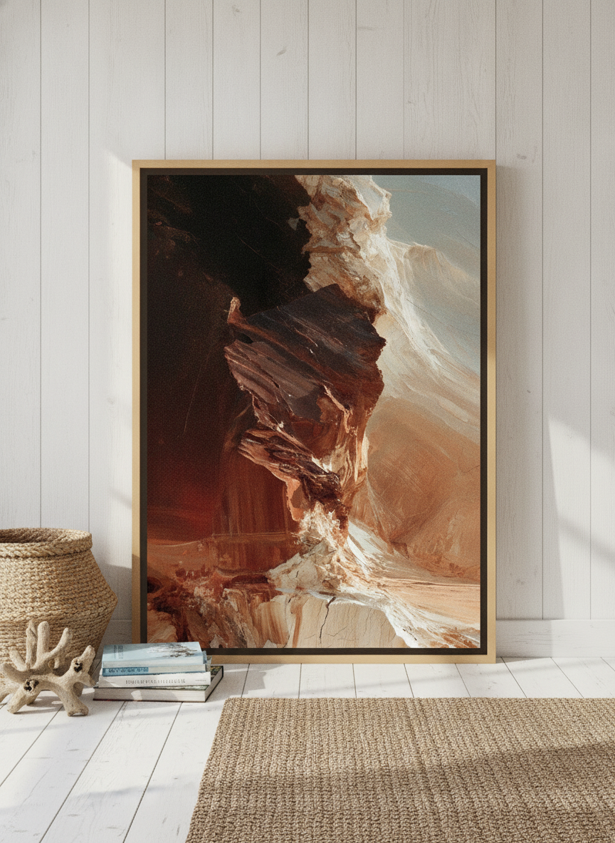 Canvas wall art with a natural timber surround leaning against the wall in a coastal bedroom
