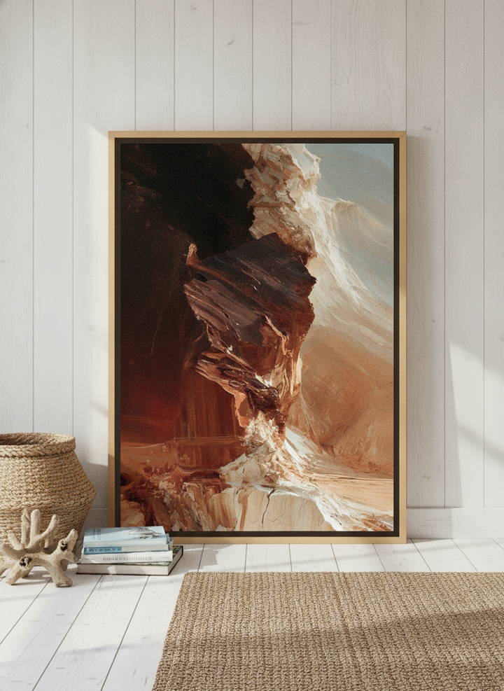 Canvas wall art with a natural timber surround leaning against the wall in a coastal bedroom