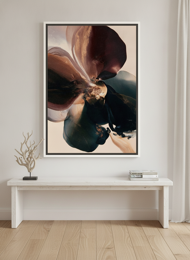 Canvas wall art with a white surround standing on a console in a coastal bedroom