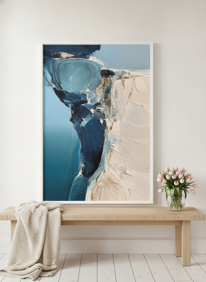 Modern wall art print standing on a bench in a bright Scandinavian bedroom