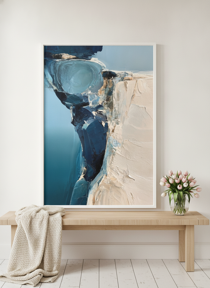 Modern wall art print standing on a bench in a bright Scandinavian bedroom